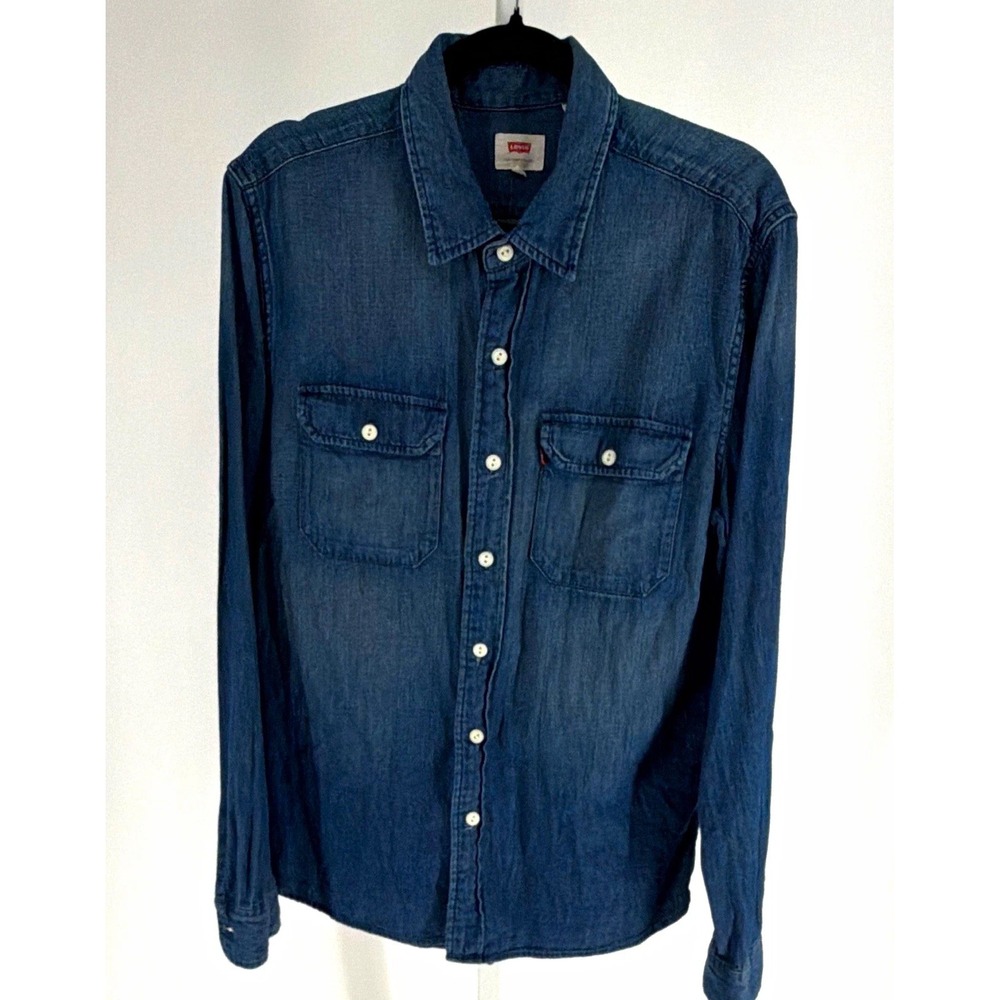 Levi's Y2K Denim Shirt Men's M Regular Blue Solid Long Sleeve Button-Up Pockets